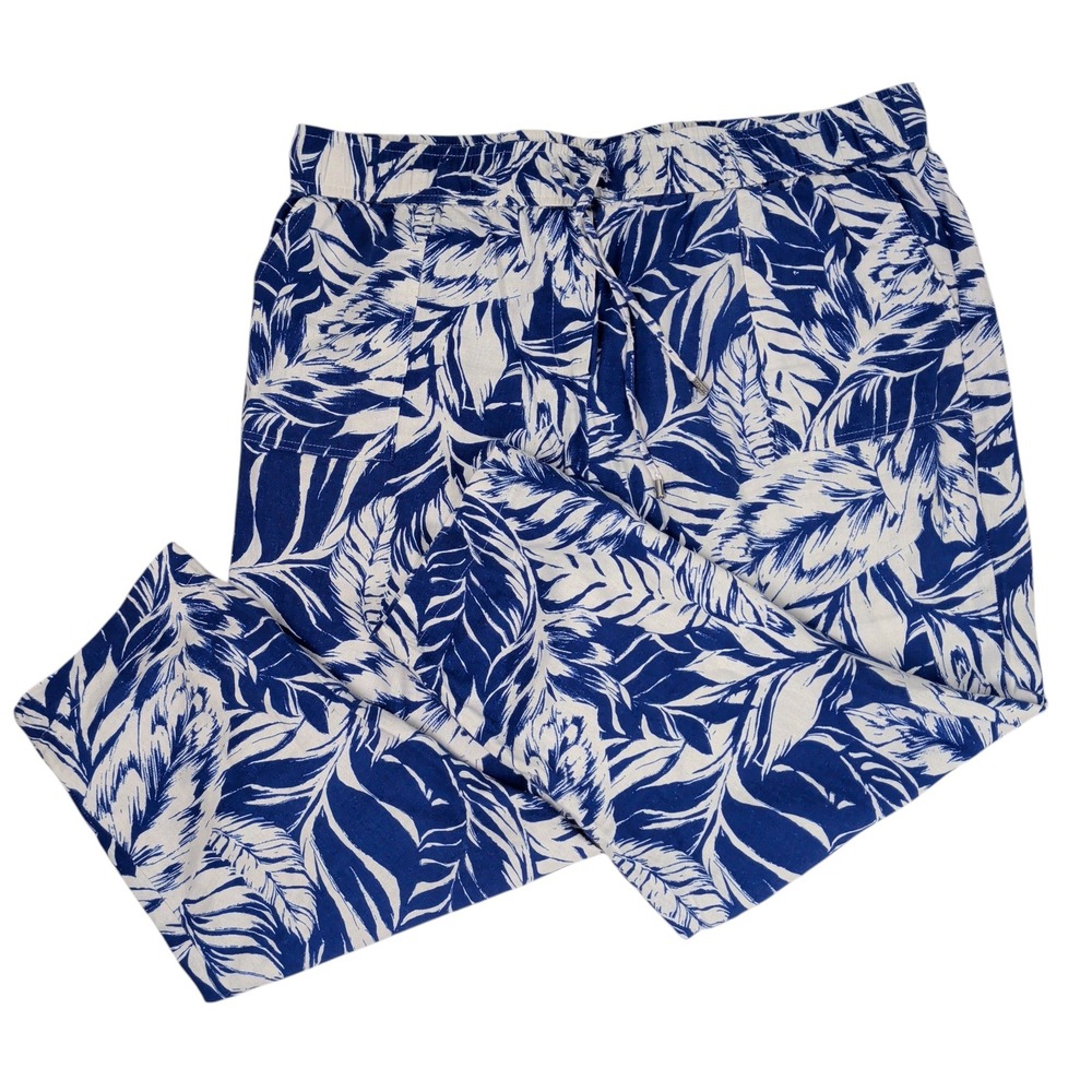 Calvin Klein Womens XL Blue White Tropical Palm Linen Blend Cropped Pants